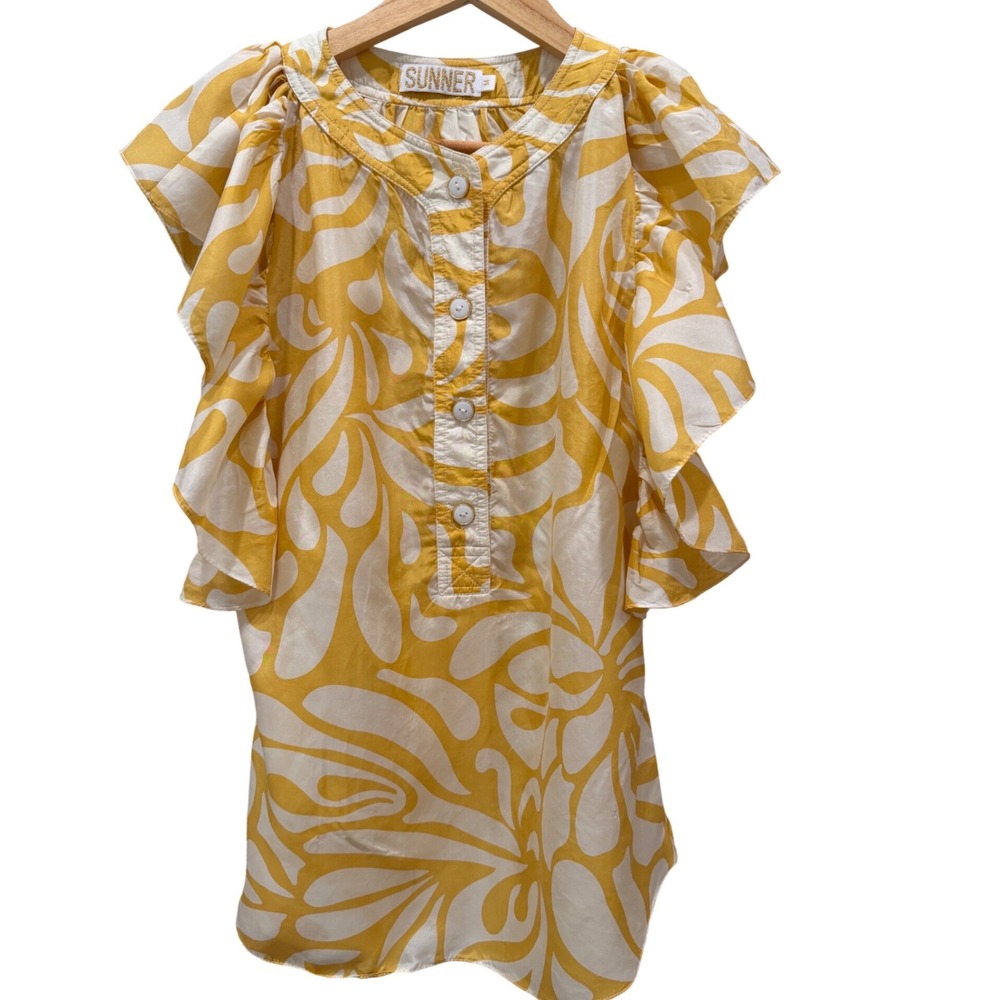 Sunner Yellow White Abstract Swirl Ruffle Sleeve‎ Button Front Blouse Medium